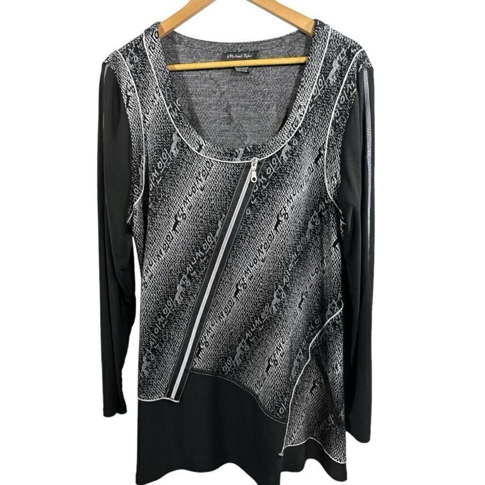 MICHAEL TYLER Women's Asymmetrical Zipper Long Sleeve Top Black/White Size XL